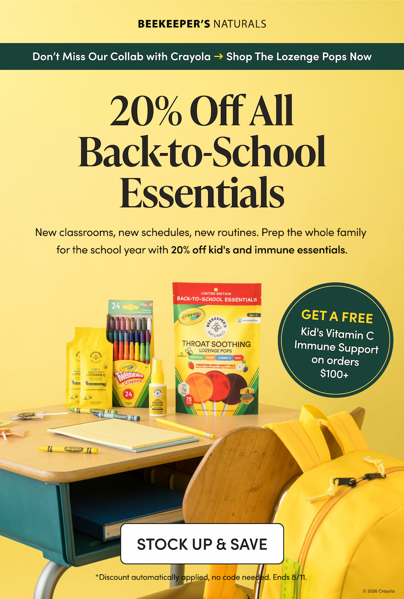 Don’t Miss Our Collab with Crayola > Shop The Lozenge Pops Now 20% Off All Back to School Essentials   New classrooms, new schedules, new routines. Set the whole family up for the school year with 20% off kids & immune essentials. Get a free Kid’s Vitamin C Immune Support (12 Count) on all orders $100+ CTA: STOCK UP & SAVE   *Discount automatically applied, no code needed. Ends 8/11. 