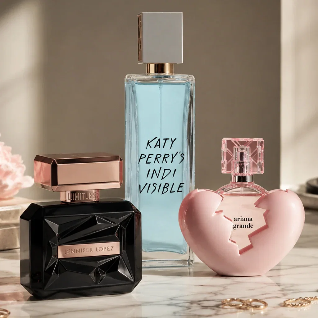 Three celebrity fragrances displayed on marble surface: Jennifer Lopez black bottle, Katy Perry's Indi Visible blue bottle, and Ariana Grande pink heart-shaped bottle.