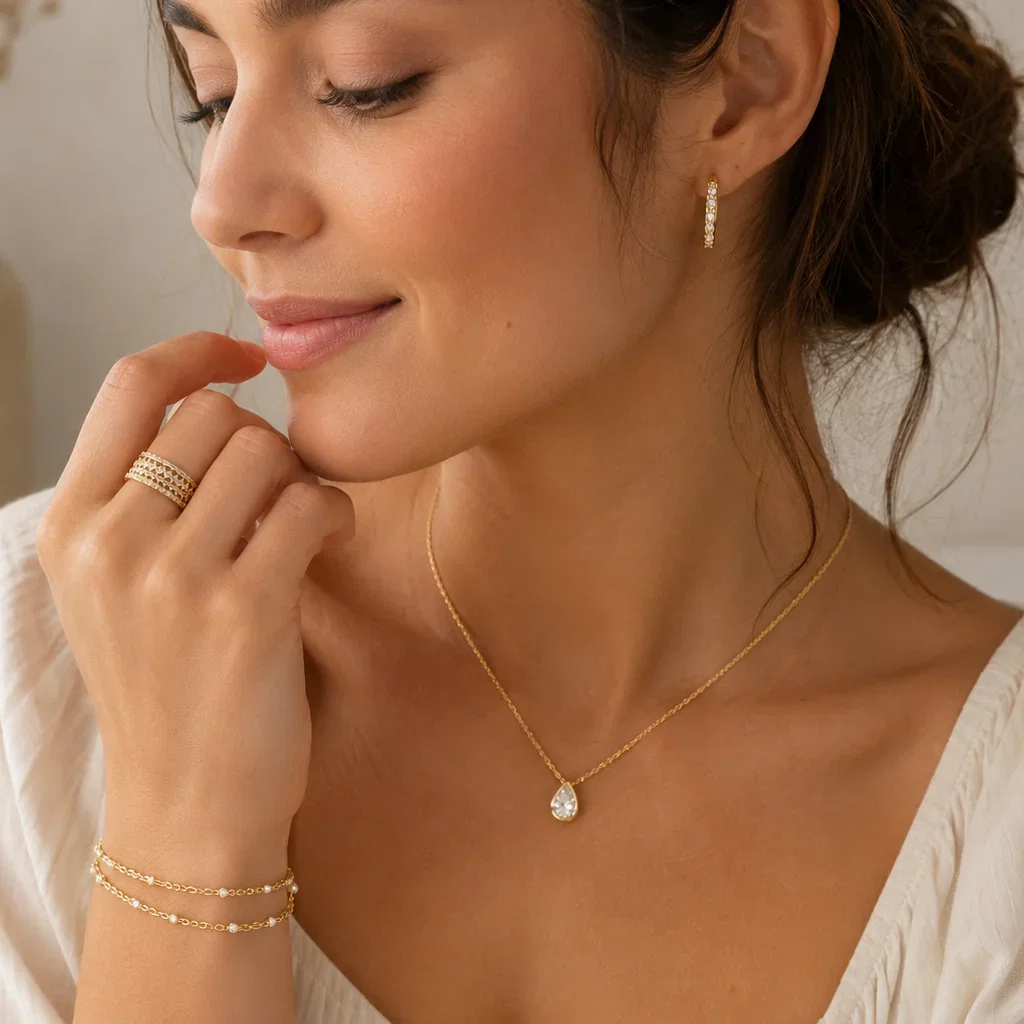 Woman wearing elegant gold jewelry including a diamond pendant necklace, matching bracelet, pearl ring, and drop earrings from Mint & Lily collection.