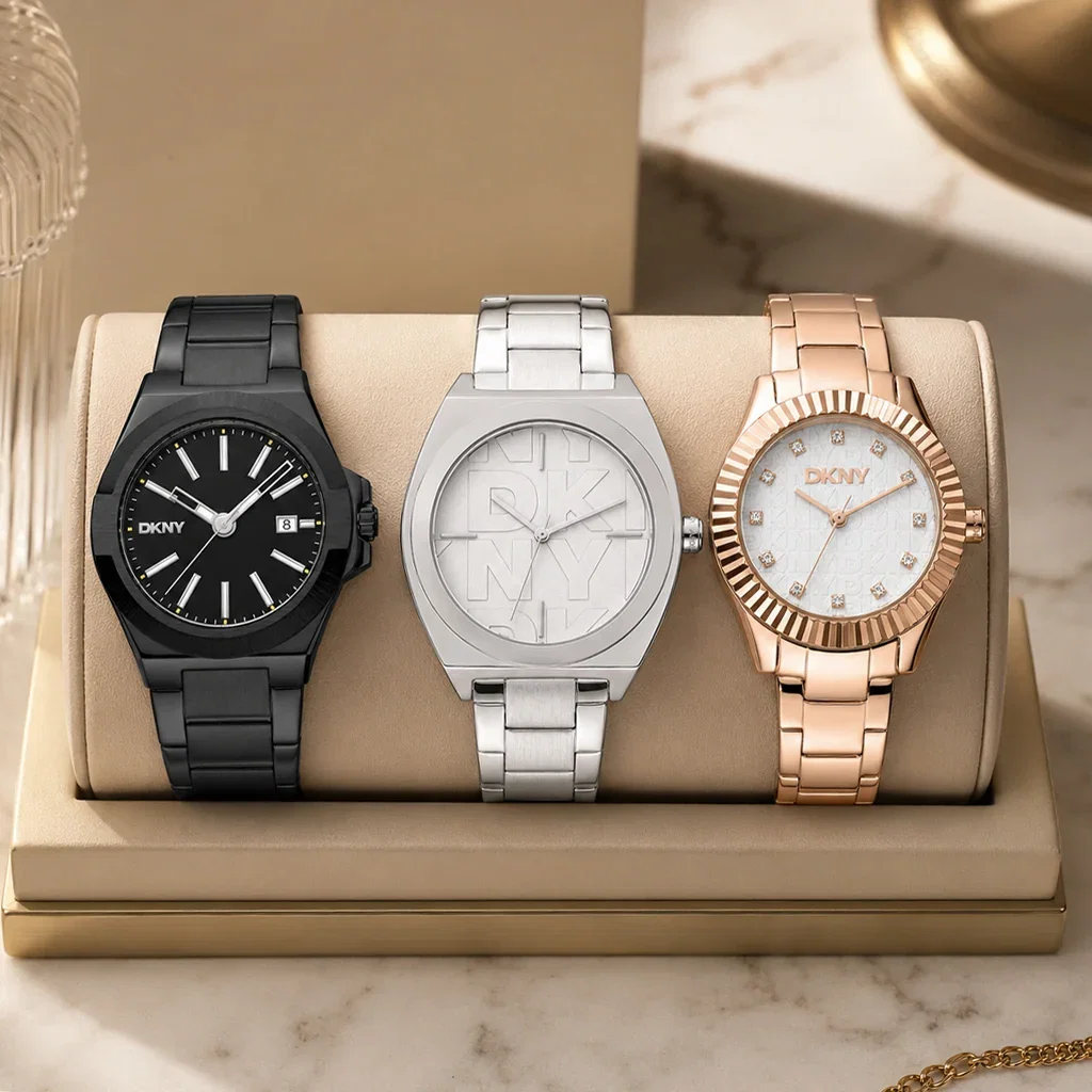 Three DKNY watches in black, silver, and rose gold displayed on a beige cushioned stand.
