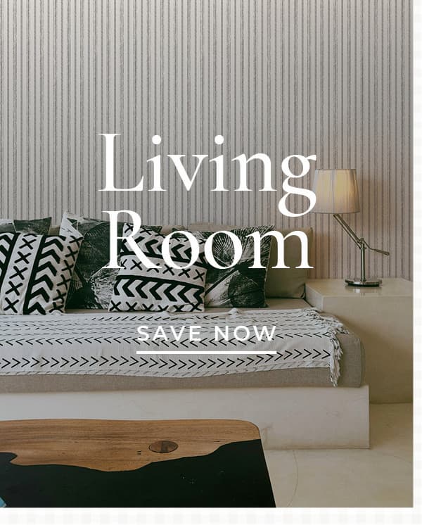 Image of Tempaper's Nautical Stripe wallpaper in charcoal gray in a living room. Text overlay "Living Room Save Now"