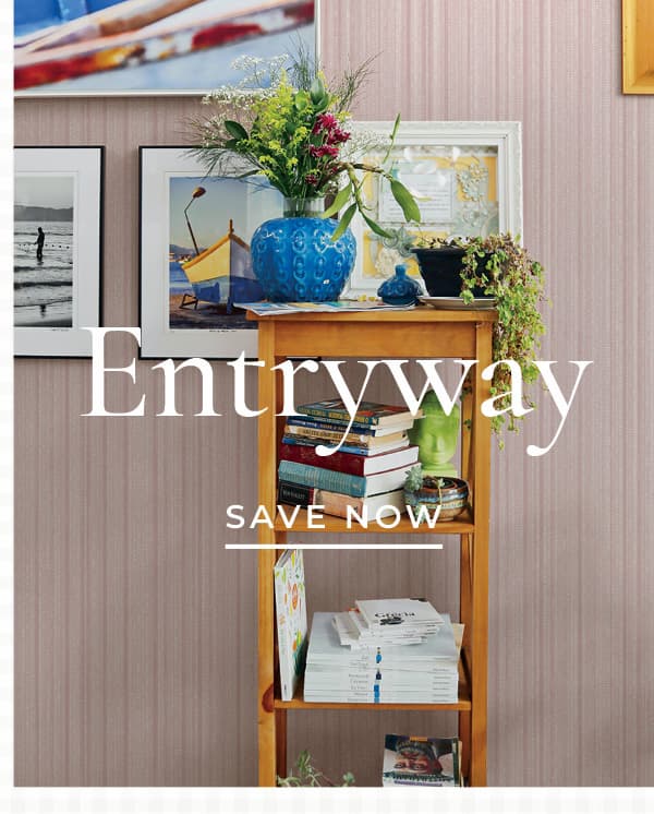 Image of Tempaper's Faux Grasscloth wallpaper in Blush Pink in an Entryway with text overlay "Entryway Save Now"
