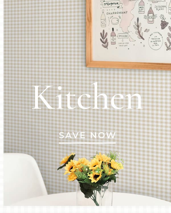 Image of Tempaper's Gingham plaid wallpaper installed behind a kitchen table. Text overlay "Kitchen Save Now"