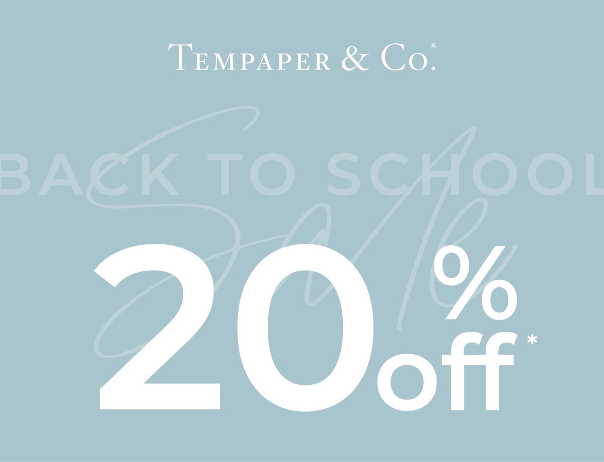 Light blue text box with Tempaper & Co. logo. Text "Back to School Sale 20% Off*"