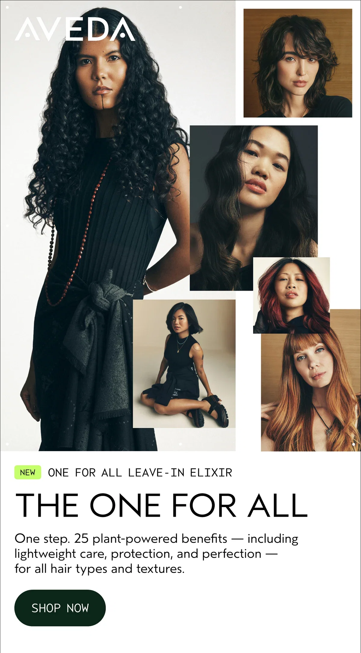 AVEDA | NEW ONE FOR ALL LEAVE-IN ELIXIR | THE ONE FOR ALL | One step. 25 plant-powered benefits — including lightweight care, protection, and perfection — for all hair types and textures. | SHOP NOW