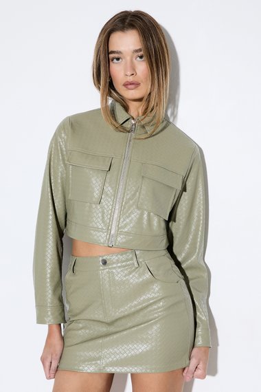 Woven Detail Faux Leather Jacket