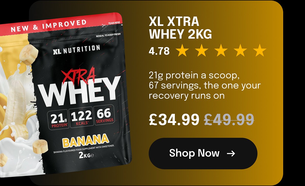 Xl xtra whey 2kg 4.78 21 protein a scoop, 67 servings, the one your recovery runs on £34.99 £49.99 Shop Now