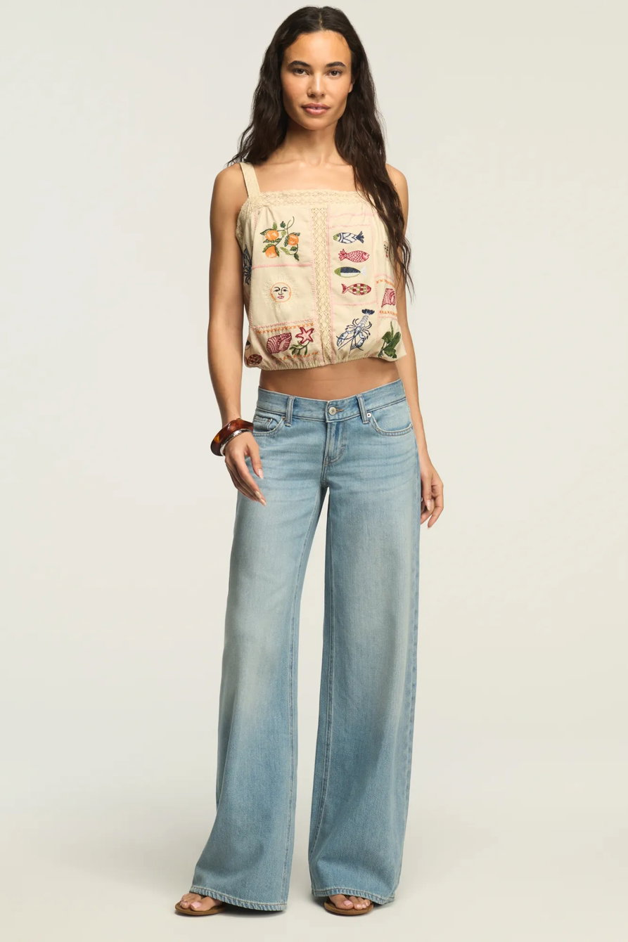 Image of Lucky Brand Liquid Denim Luxe Super Low Rise Ultra Wide - Women's Clothing Outerwear Jean Denim Jackets in Fast Forward Wash