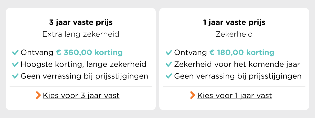 Kies voor 1 of 3 jaar zekerheid met een vast energiecontract en krijg tot € 360,00 korting.
