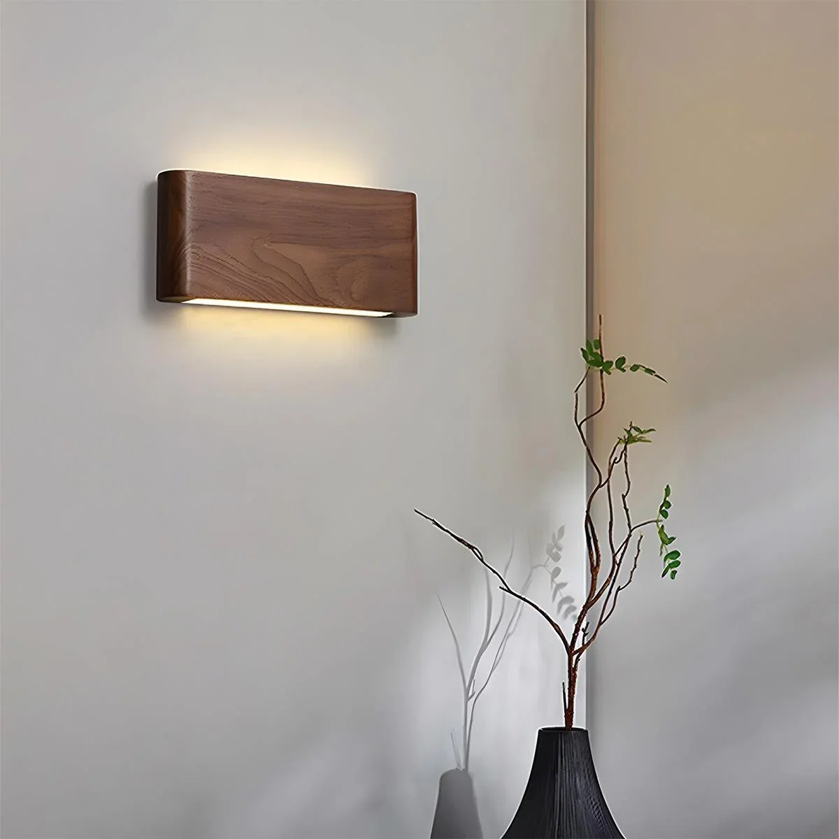 Image of Modern Walnut Solid Wood Rectangular LED Indoor Wall Sconce