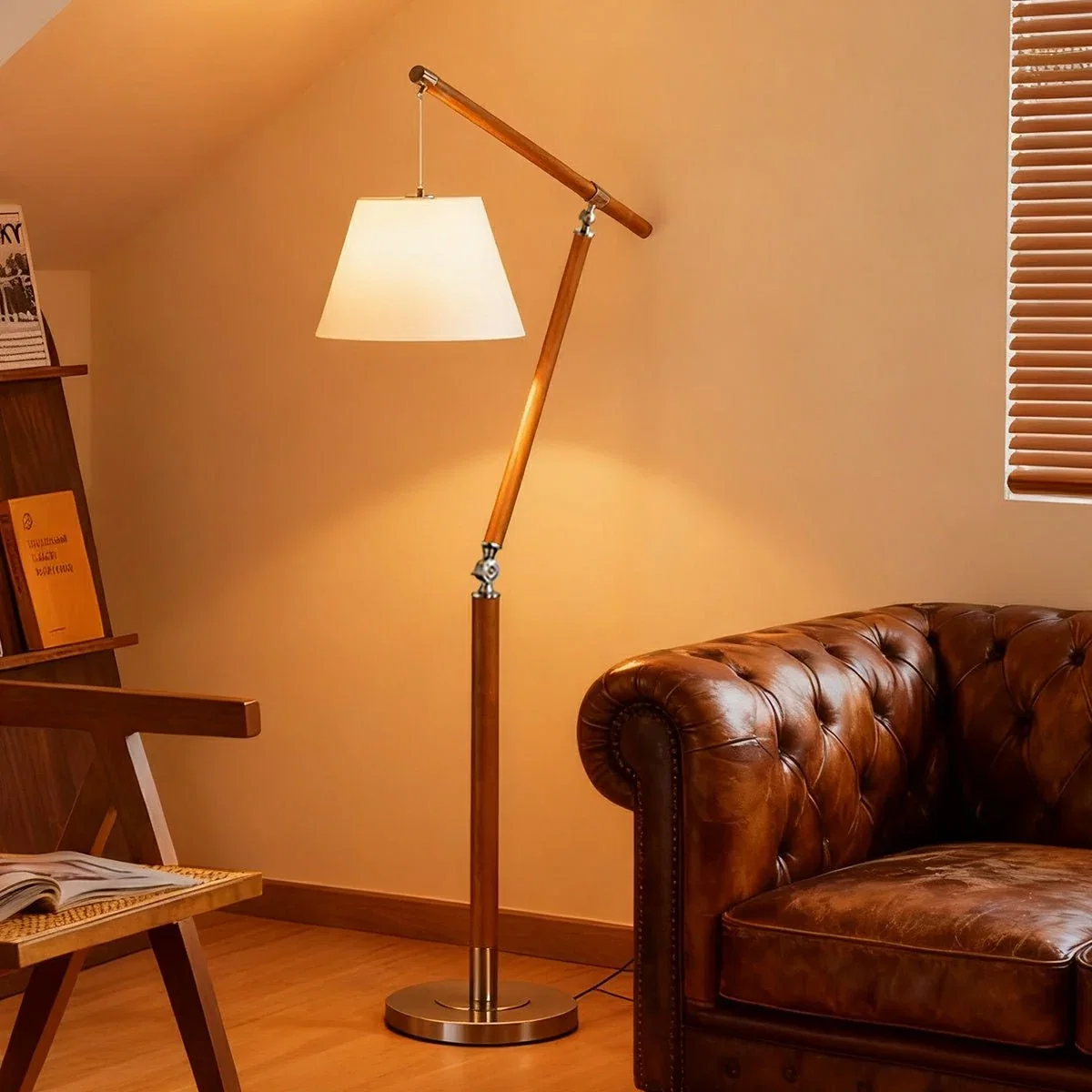 Image of Vintage Wood Adjustable Swing Arm Floor Lamp