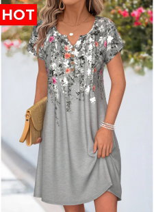 Grey Floral Print Short Tuck Stitch Split Neck Dress
