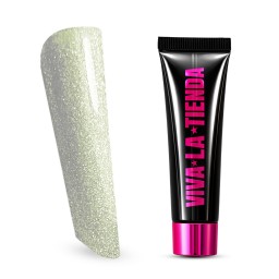 Polygel Viva La Tienda – Soft Shine 22 Crystal Ice 15ml – alb cu sclipici auriu, nu se lipește de pensulă, se pilește ușor, pentru construcție și modelare cu strălucire fină