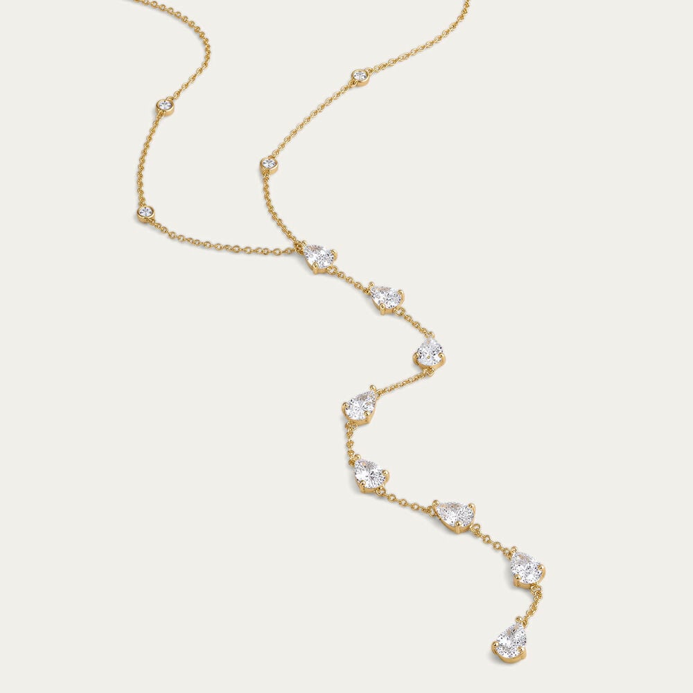 Yellow Gold Plated Sterling Silver Pear Cubic Zirconia Y Drop Necklet 