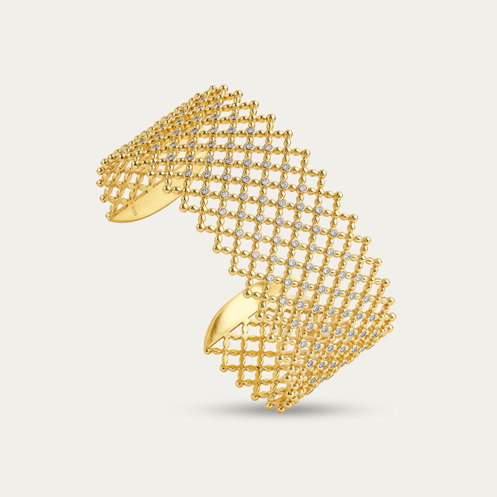 Yellow Gold Plated Sterling Silver Cubic Zirconia Filigree Cuff Bangle 