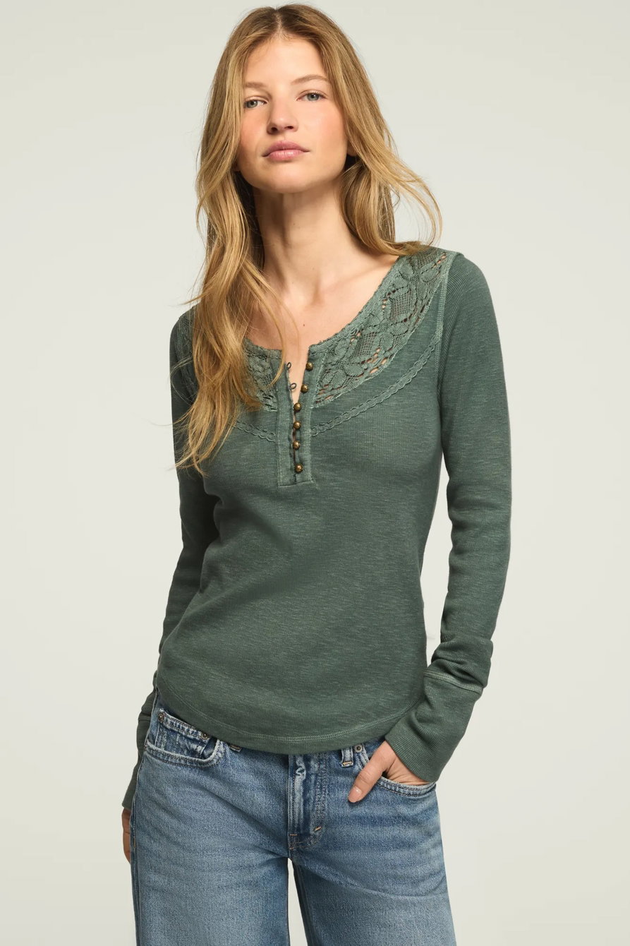 Image of Lucky Brand Lace Yoke Henley - Women's Clothing Tops Tees Henley Shirt in Nostalgia Rose