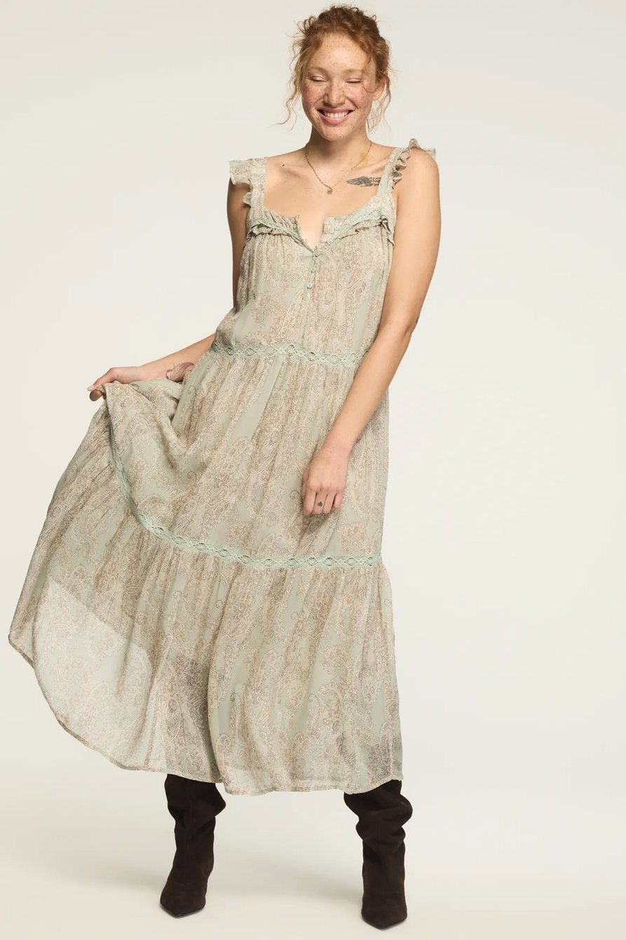 Image of Lucky Brand Tiered Henley Maxi Dress - Women's Clothing Dresses Maxi Dress in Blue Paisley