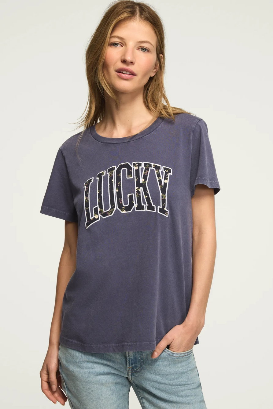 Image of Lucky Brand Floral Applique Lucky Classic Crew in Night Shadow Blue