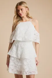 Halter Tiered Mini Dress With Cold Shoulder