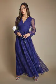 Volume Sleeve V Neck Mesh Bridesmaid Maxi Dress