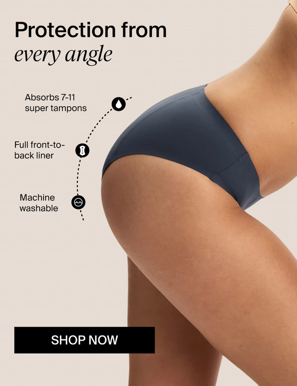 Protection from every angle. Absorbs up to 7-11 super tampons, full front-to-back coverage, machine washable