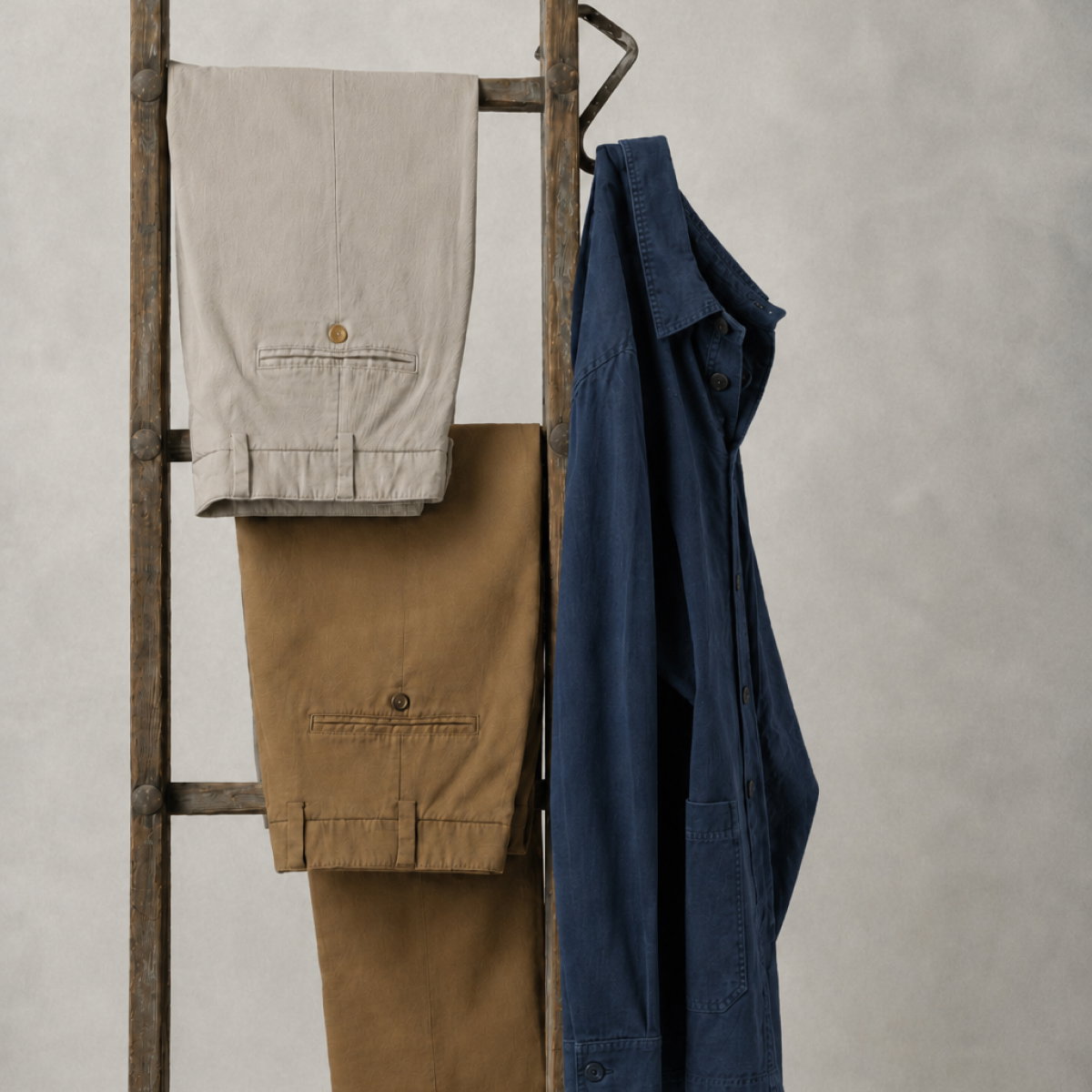Two pairs of Bills Khakis dune twill pants + a dune twill chore jacket hang from a vintage wooden ladder