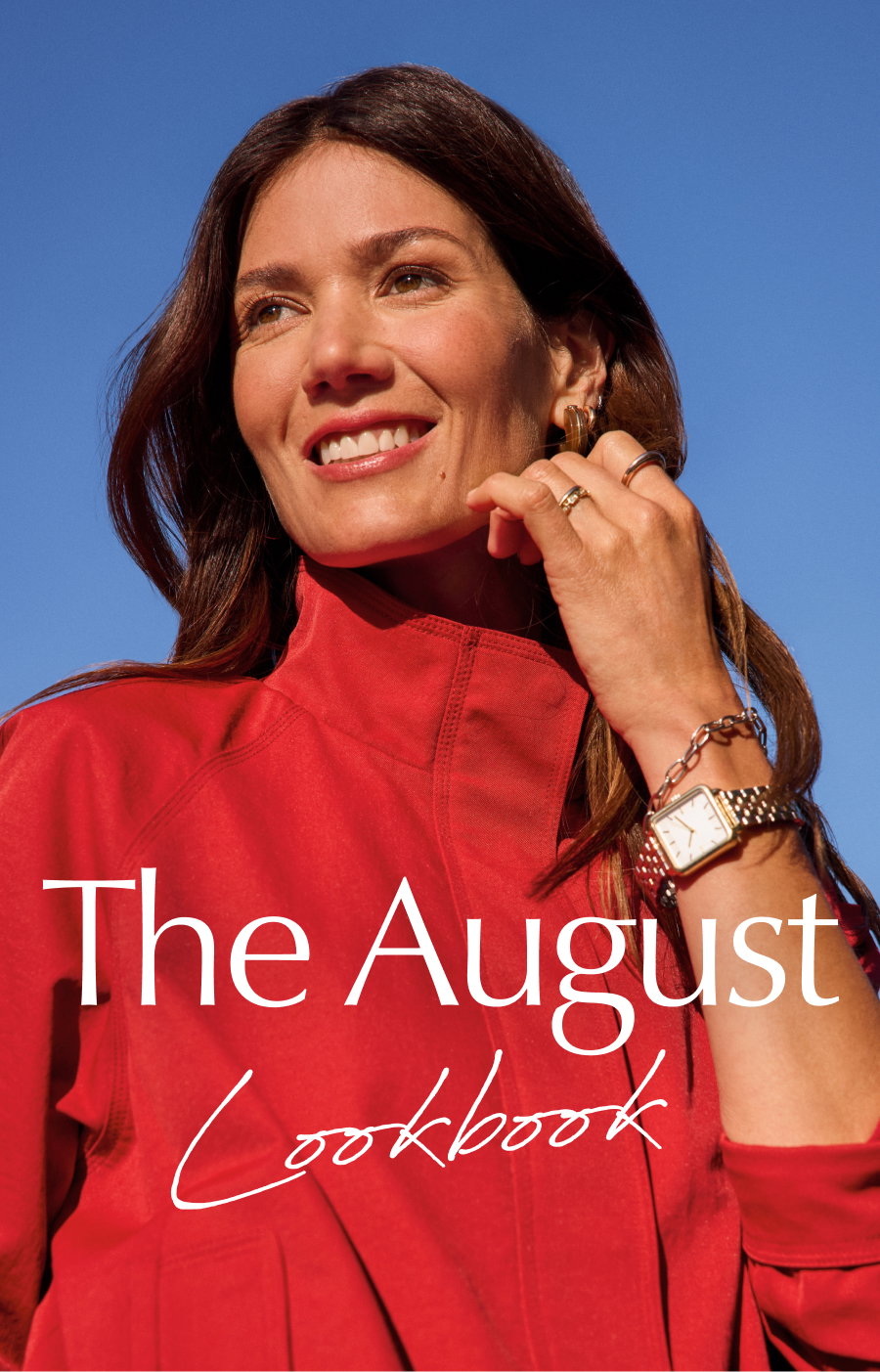The August Lookbook. Editorial image of fashion model in trendy red jacket featured at EVEREVE.