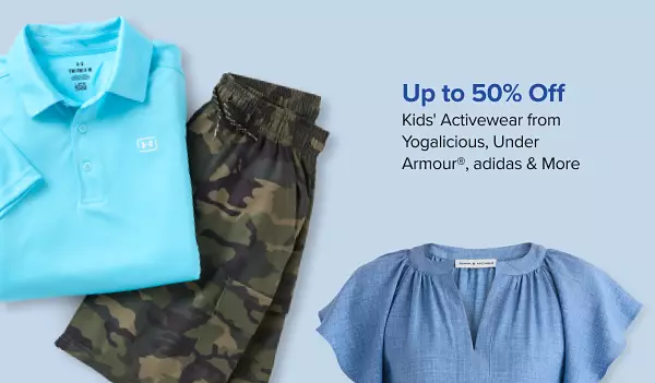 Up to 50% off kids activewear from Yogalicious, Under Armour, adidas and more. Shop now. A blue collared shirt and camo print pants.