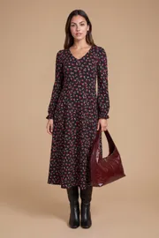 Petite Black Floral V Neck Jersey Midi Dress