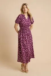 Purple Ditsy Puff Sleeve Waisted Midi Dress