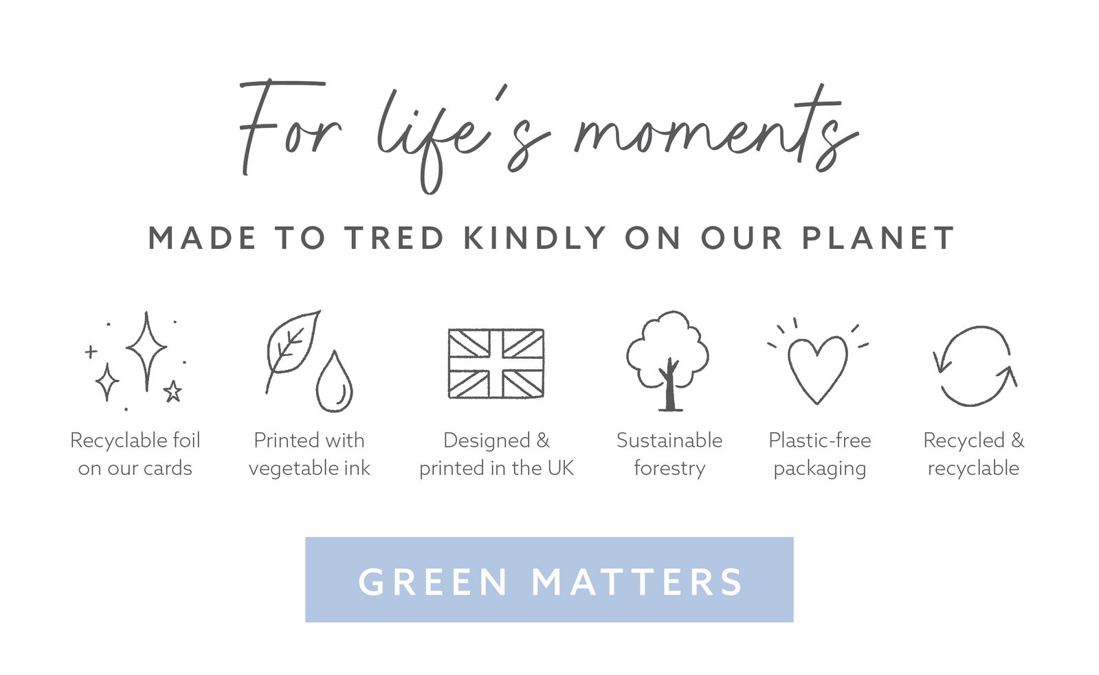 Whistlefish sustainability commitments including recyclable foil, vegetable inks, UK design and printing, sustainable forestry, plastic-free packaging and recyclable materials.
