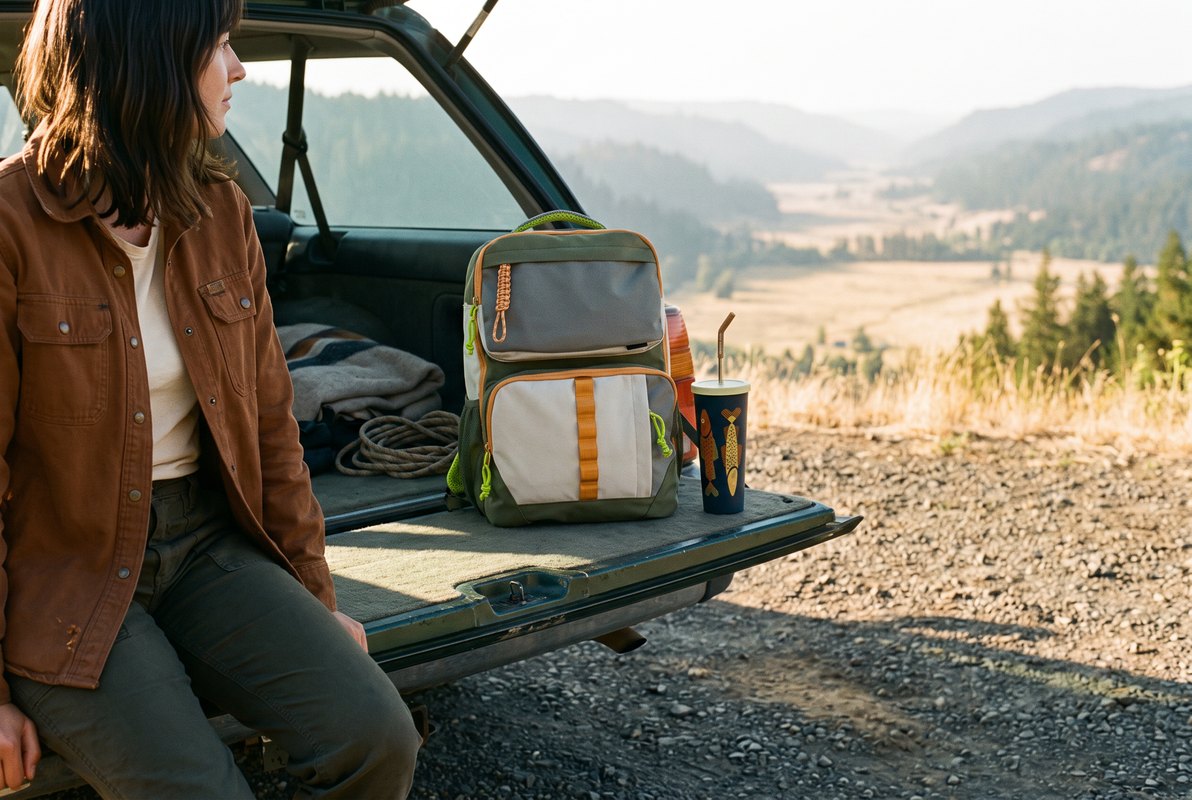 A 25L Transit Pack and a 24oz tumbler on the open tailgate of a wagon