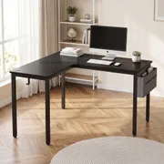 L-Shaped Gaming Desk with Storage Hooks and Fabric Bag