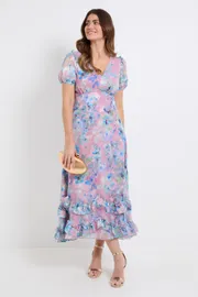Floral Satin Ruffle Hem Midaxi Dress