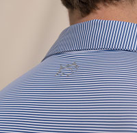 Man in blue and white striped polo.