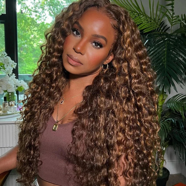 18" = $129 | 13X4 Lace Honey Blonde Piano Highlights Color Lace Front Deep Wave Human Hair Wigs