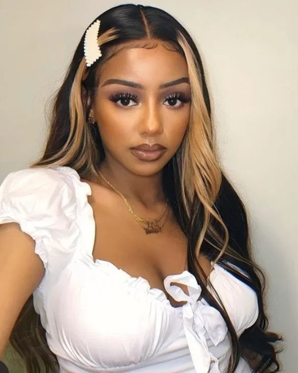 24 Inches Money Piece Highlight on Natural Black Straight Glueless  4x4 Lace Closure Human Hair Wigs