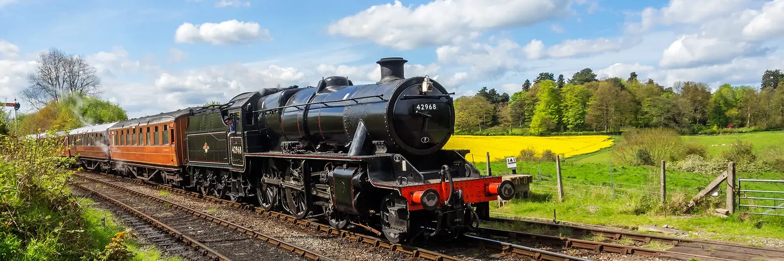 A vintage steam locomotive on a railway track, surrounded by lush greenery and fields.