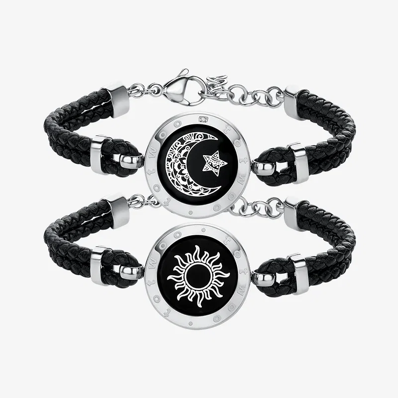 Image of Sun & Moon Touch Bracelets with Braided Leather Rope (Black+Black)