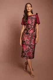 Short Sleeve Jacquard Midi Dress With Bow Detail