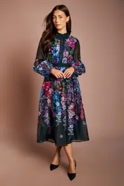 Lace Trim Printed Organza Midi Dress