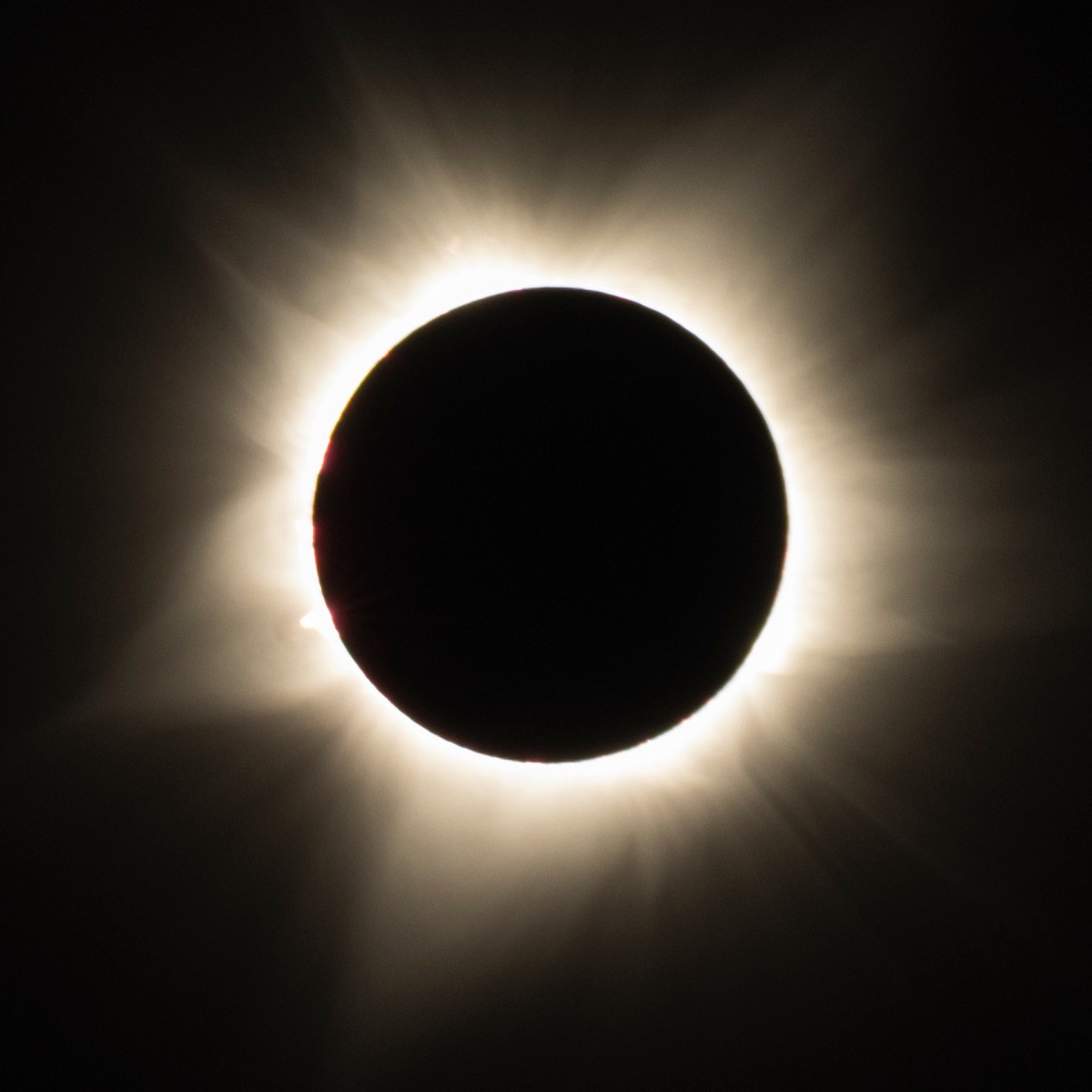 Total solar eclipse with the sun’s glowing corona visible around the moon.
