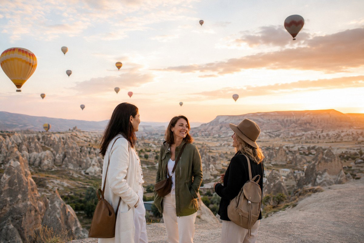 Three friends watching hot-air balloons rise over Cappadocia at sunrise.