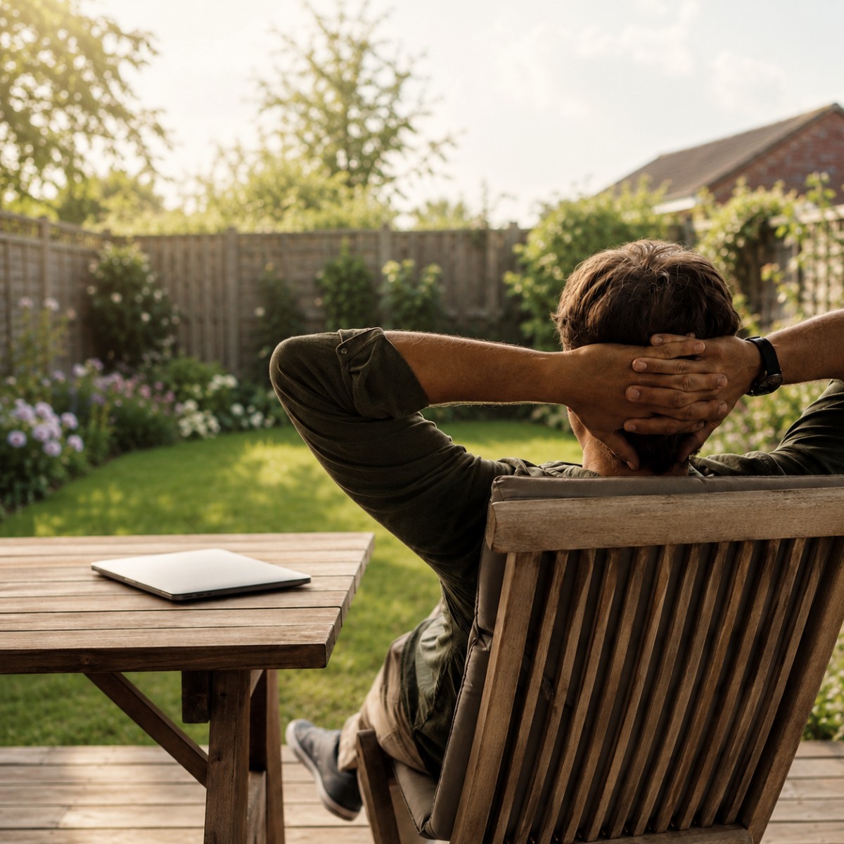 Person relaxing in a garden chair with a laptop on a nearby table.