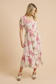 Cream Floral Button Front Frill Puff Sleeve Midi Dress