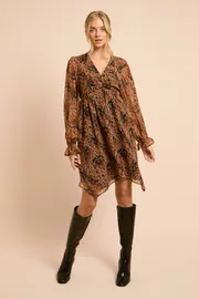Neutral Animal Hanky Hem Ruched Detail Printed Chiffon Mini Dress