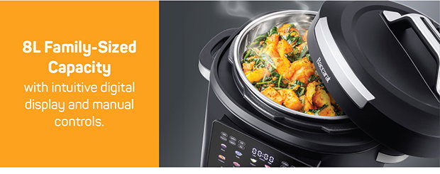 8L family-sized capacity with intuitive digital display and manual controls
