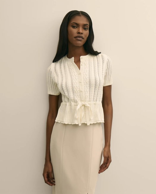 Image of Short-Sleeve Pointelle Peplum Cardigan
