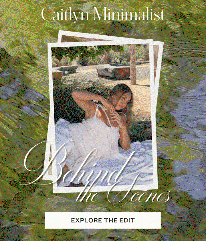 Behind the Scenes - Gif with Behind-the-scenes photos of a model wearing a flowy lace dress. CTA "Explore the Edit"