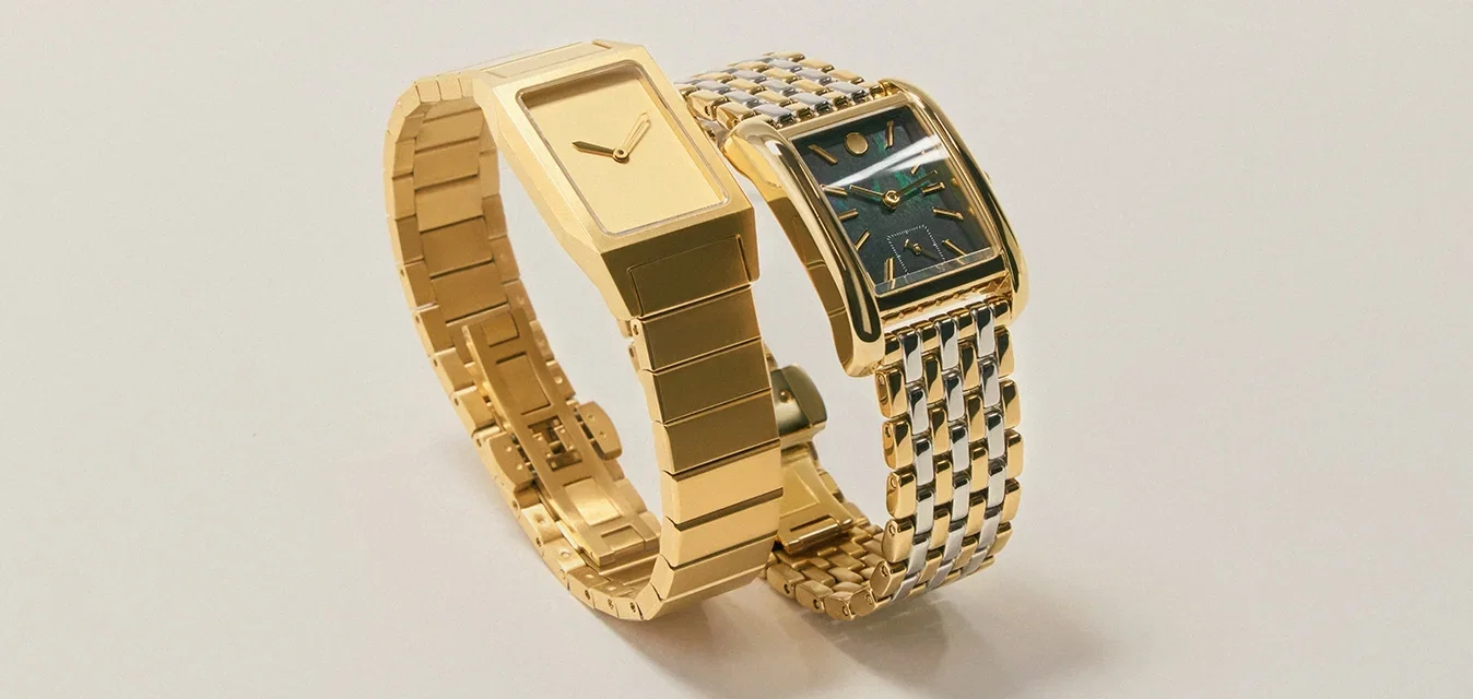 Due orologi da polso: uno con cassa rettangolare in oro e bracciale a maglie, l'altro in oro e argento con quadrante rettangolare e bracciale decorato.